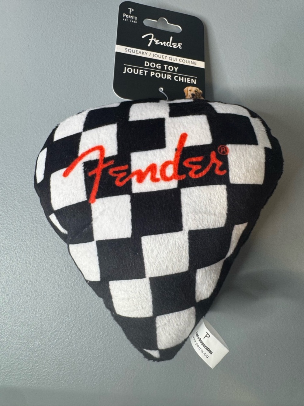 Fender Black & White Checkered Plush guitar pick with Red Logo dog toy squeaker